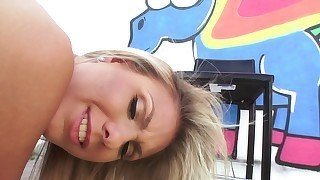 Blonde in a tiny white skirt gets ass-blasted from behind